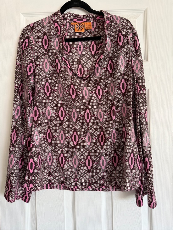 Tory Burch Tops - Tory Burch Pink and Brown Geometric Cowl-Neck Blouse